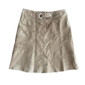 Vintage Promod Khaki Leather A-line Skirt with Stitching Detail